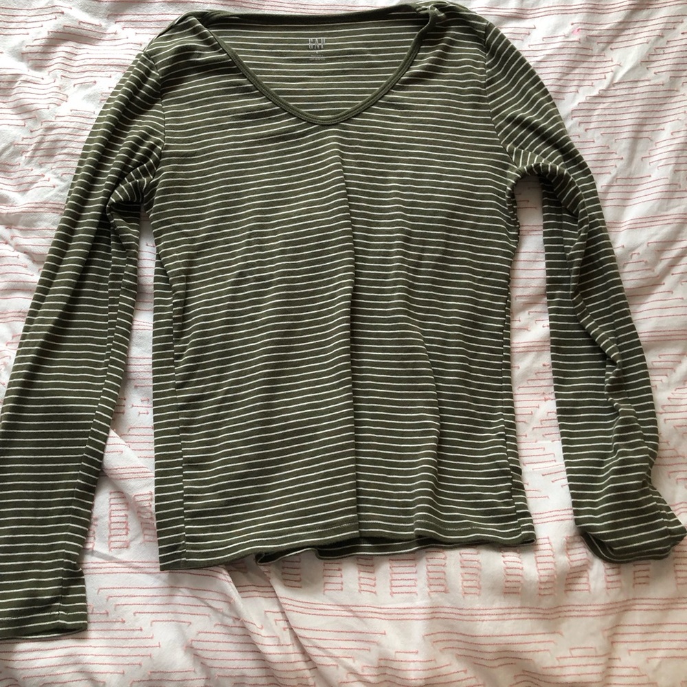 GAP Olive Striped V-Neck Long Sleeve Tee